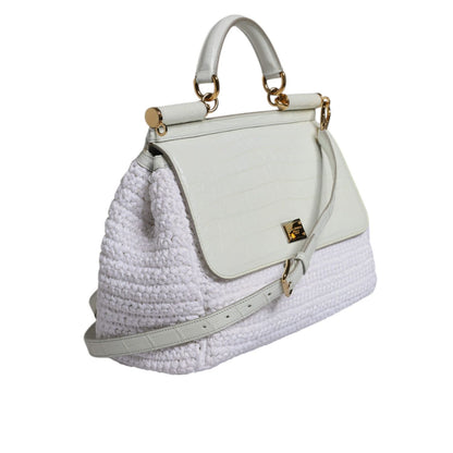 Dolce & Gabbana White Rafia Leather Top Handle Crossbody Bag