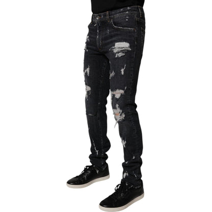 Dolce & Gabbana Black Tattered Cotton Skinny Men Denim Jeans