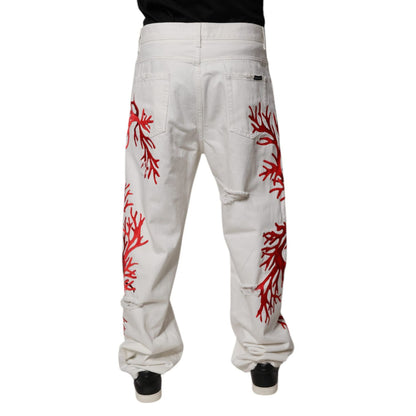 Dolce & Gabbana White Corals Tattered Straight Denim Jeans