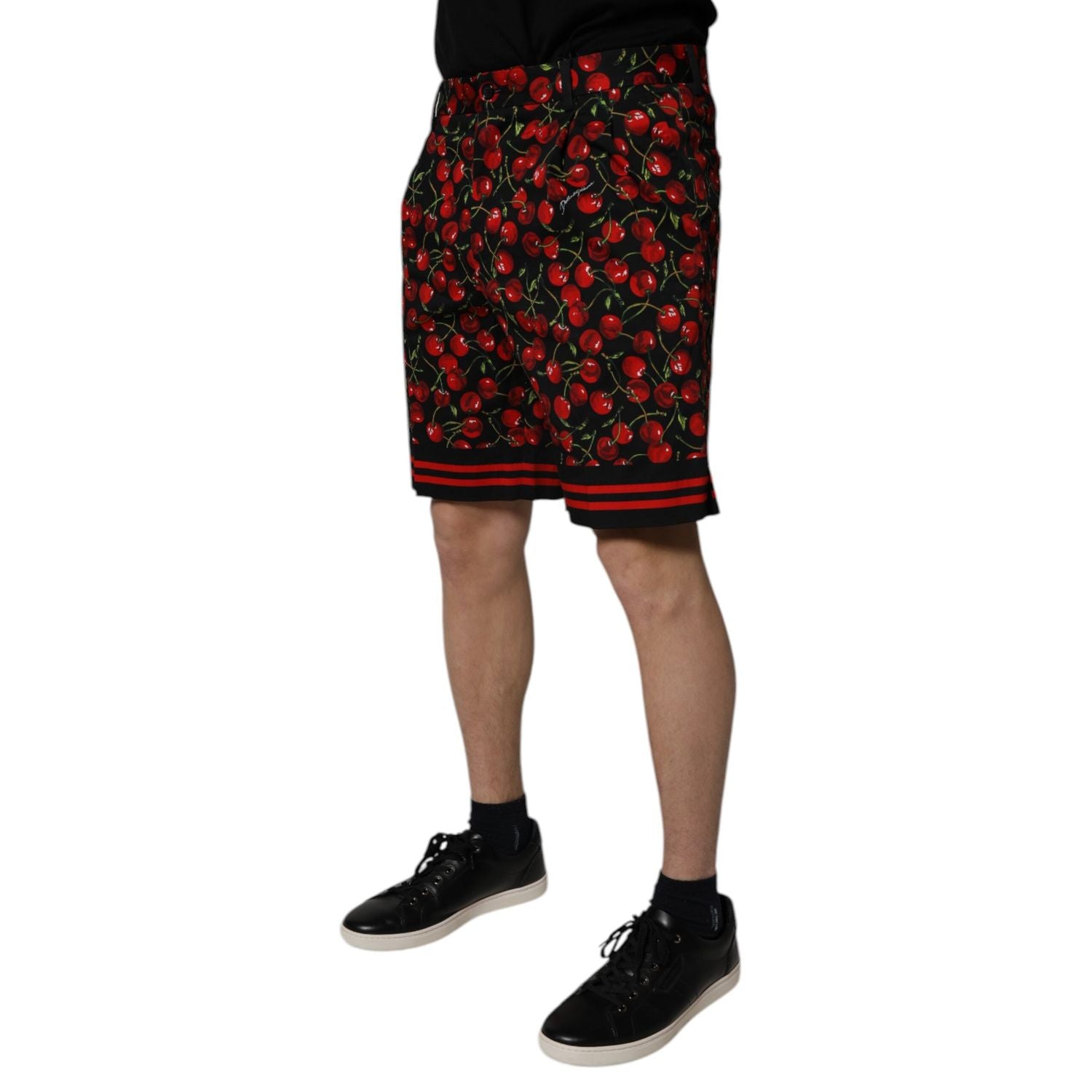 Dolce & Gabbana Black Red Cherry Print Bermuda Cotton Shorts