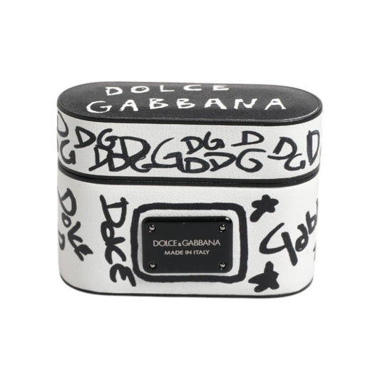 Dolce & Gabbana Black White Leather Scribble Embossed Logo Airpods Case