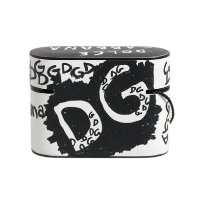 Dolce & Gabbana Black White Leather Scribble Embossed Logo Airpods Case
