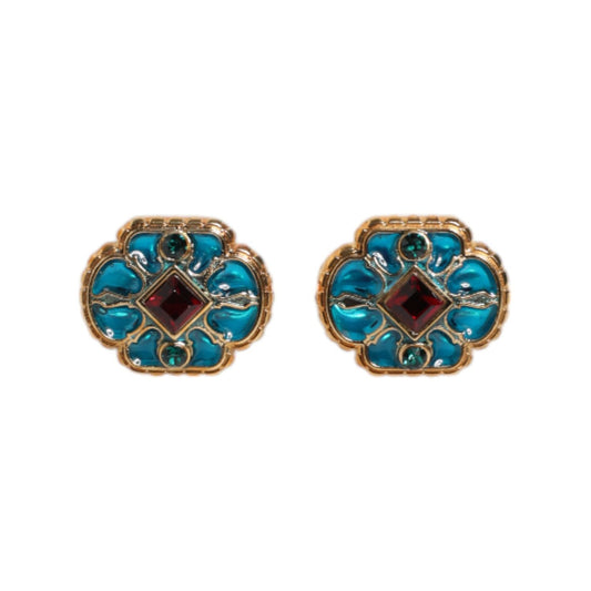 Dolce & Gabbana Gold Brass Blue Enameled Flower Cufflink