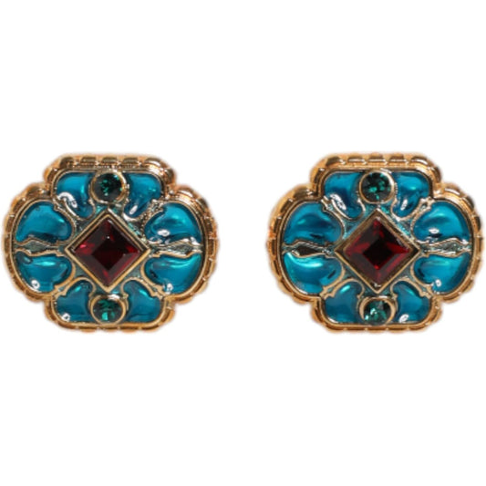 Dolce & Gabbana Gold Brass Blue Enameled Flower Cufflink SMY10681