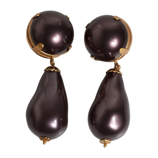 Dolce & Gabbana Gold Brass Black Pearl Clip On Dangling Jewelry Earrings