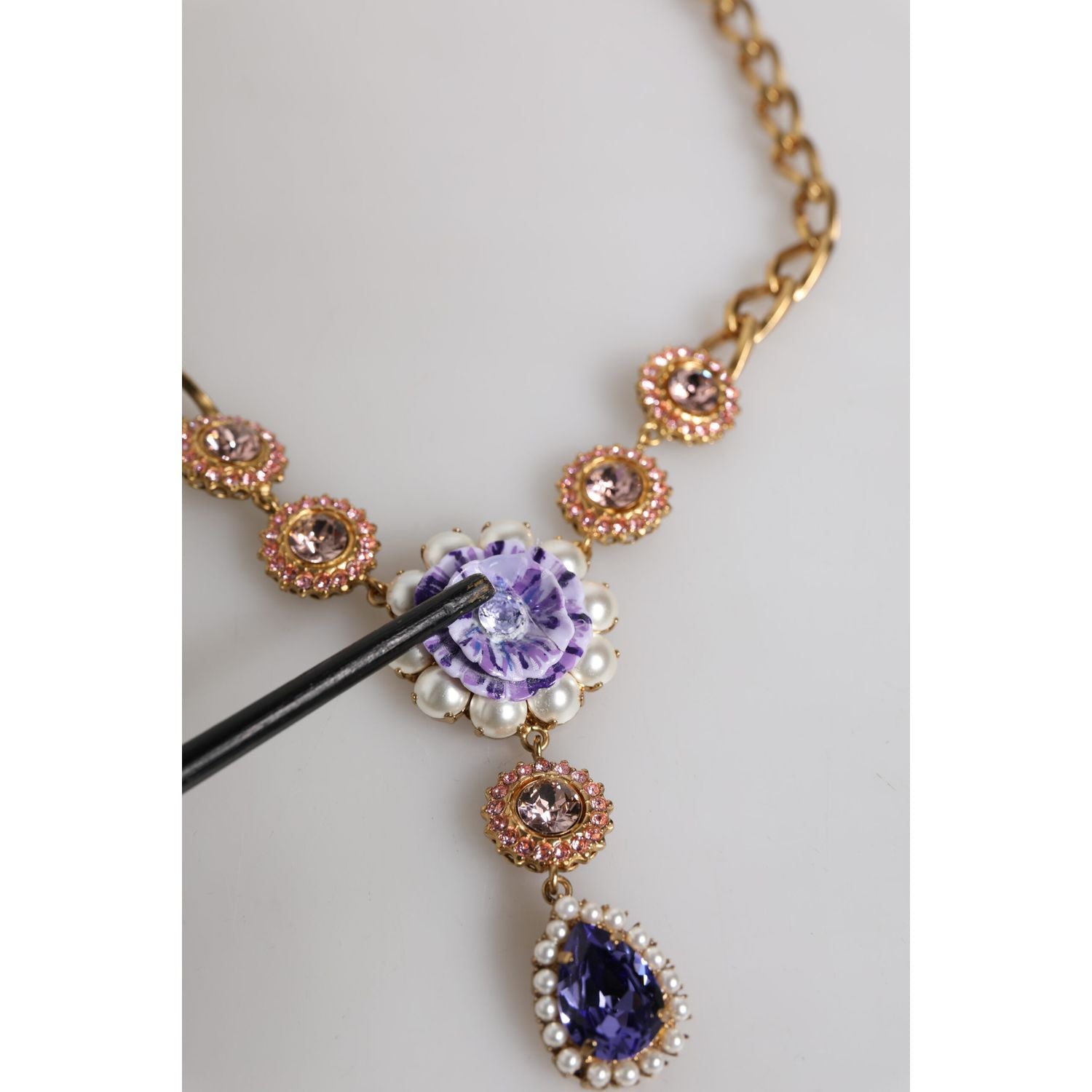 Dolce & Gabbana Gold Brass Floral Crystals Pearl Embellished Necklace