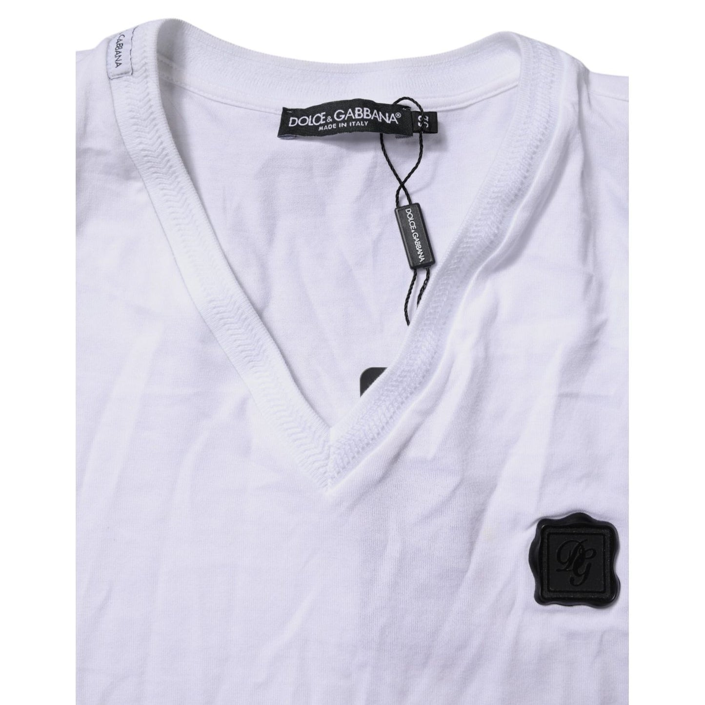 Dolce & Gabbana White Cotton Logo Patch V-neck Tee T-shirt