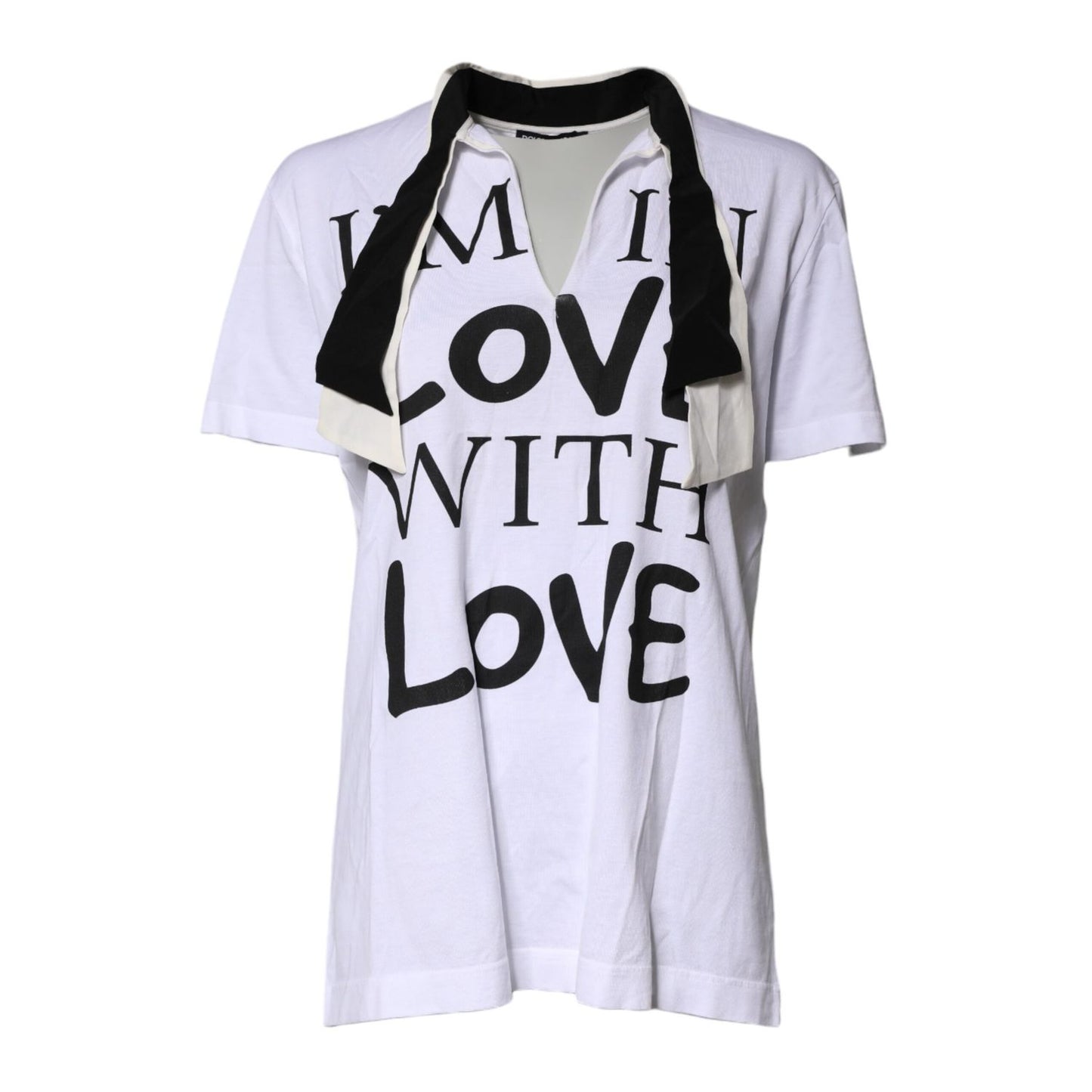 Dolce & Gabbana White Cotton Silk Blend Ascot Collar T-shirt