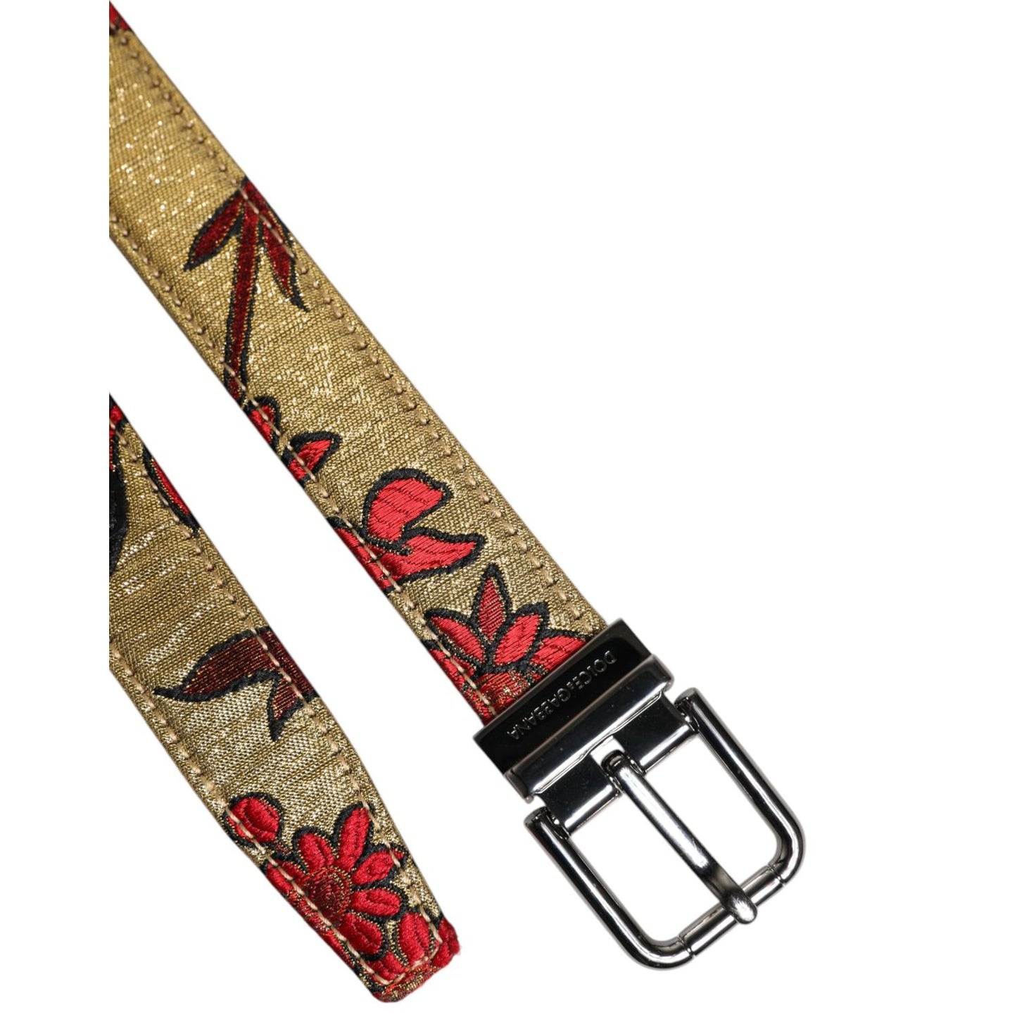 Dolce & Gabbana Gold Floral Jacquard Leather Metal Buckle Belt