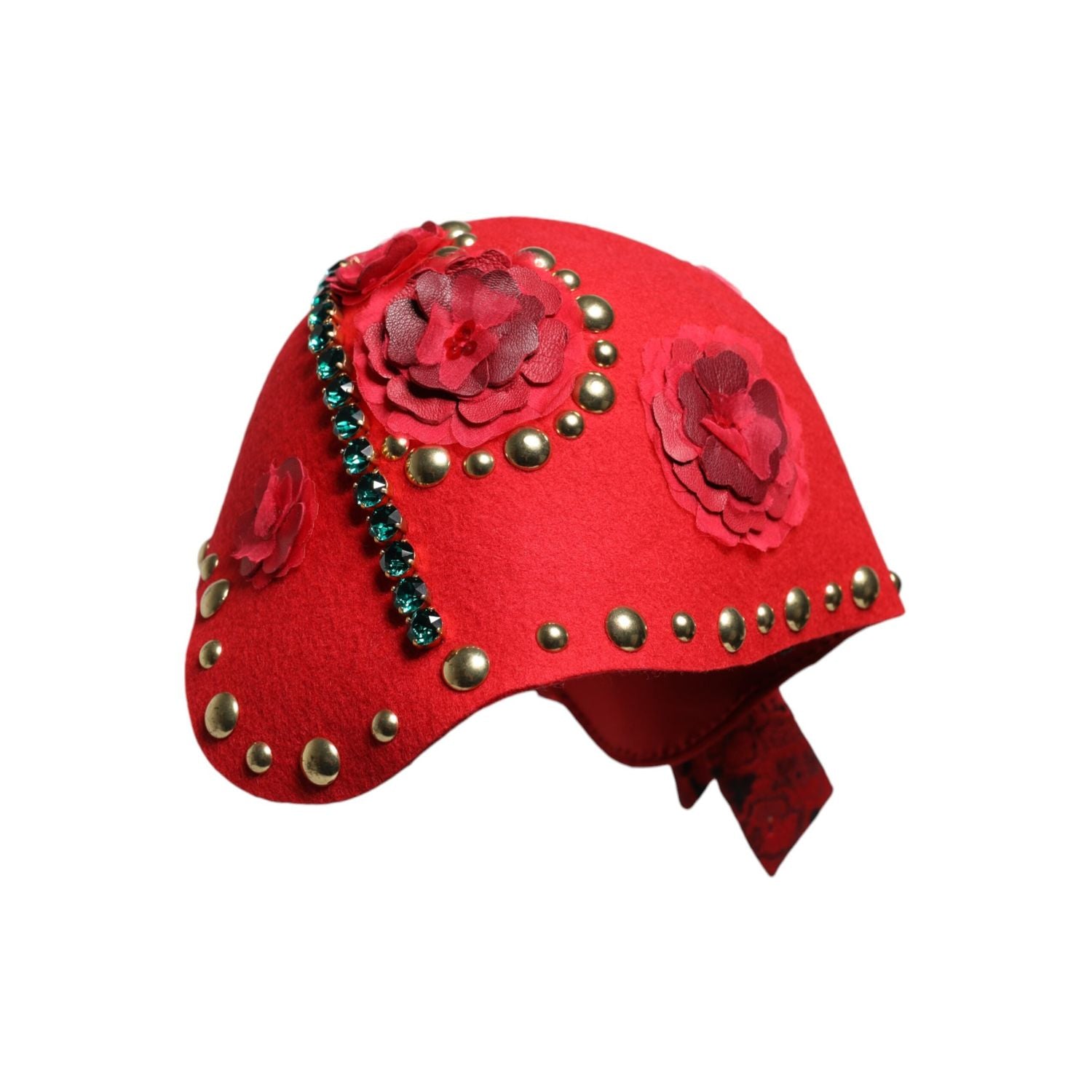 Dolce & Gabbana Red Crystal Gold Roses Brooch Embellished Hat