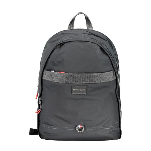 Tommy Hilfiger Black Polyester Backpack with handle, adjustable straps, external pocket, laptop holder, and logo.