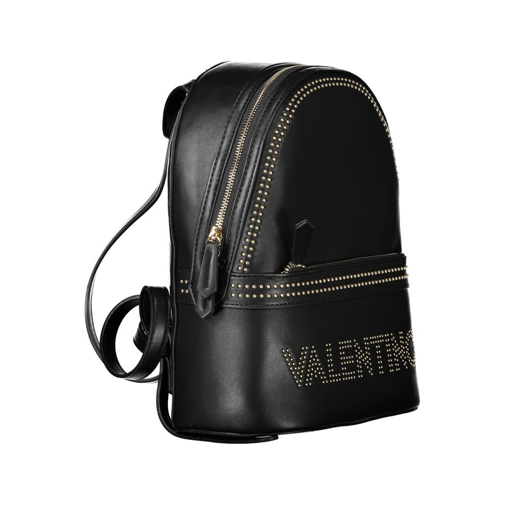 Mario Valentino Black Polyethylene Women Backpack with gold studs, featuring external and internal pockets for organized storage.