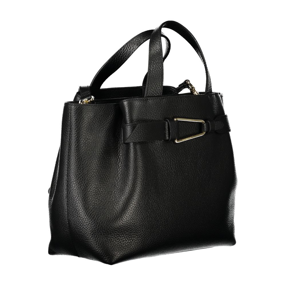 Coccinelle Black Leather Women Handbag with structured silhouette, two handles, and adjustable shoulder strap.