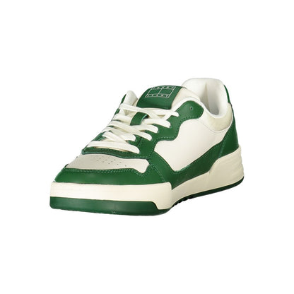 Tommy Hilfiger White Leather Men Sneaker with green accents, featuring a stylish and comfortable design, ideal for fashion-forward men.