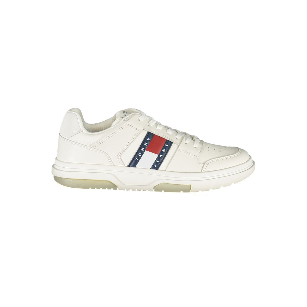 Tommy Hilfiger White Leather Men Sneaker with iconic logo and contrasting details, showcasing premium athletic style and comfort.