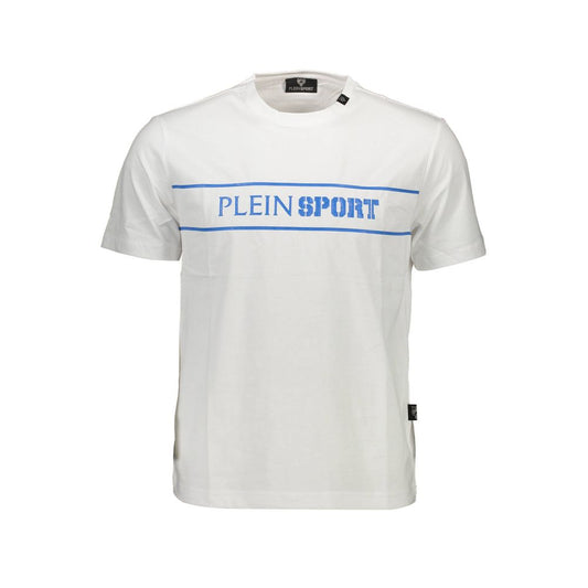 Plein Sport White Cotton Men T-Shirt with logo print and contrasting details, modern and stylish short sleeve design for bold fashion statements.
