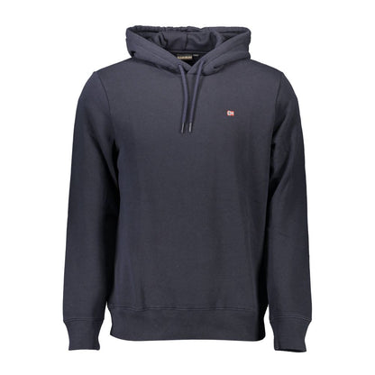 Napapijri Blue Organic Cotton Men Sweater with hood and logo applique, long sleeve, crafted from 70% organic cotton and polyester.