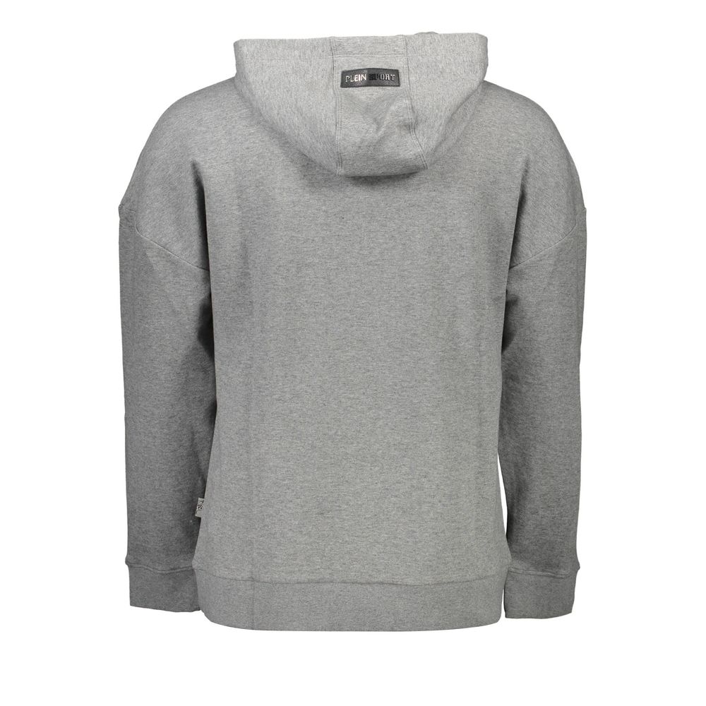 Back view of Plein Sport Gray Cotton Men Sweater showcasing hooded design and signature logo