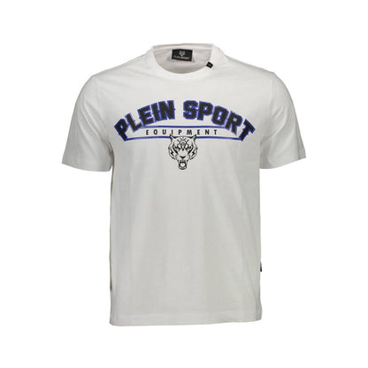 Plein Sport White Cotton Men T-Shirt with bold logo and contrasting details, short sleeve crew neck, premium quality fashion tee.