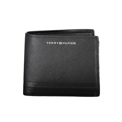 Tommy Hilfiger Black Leather Men Wallet with dual compartments and logo detailing.
