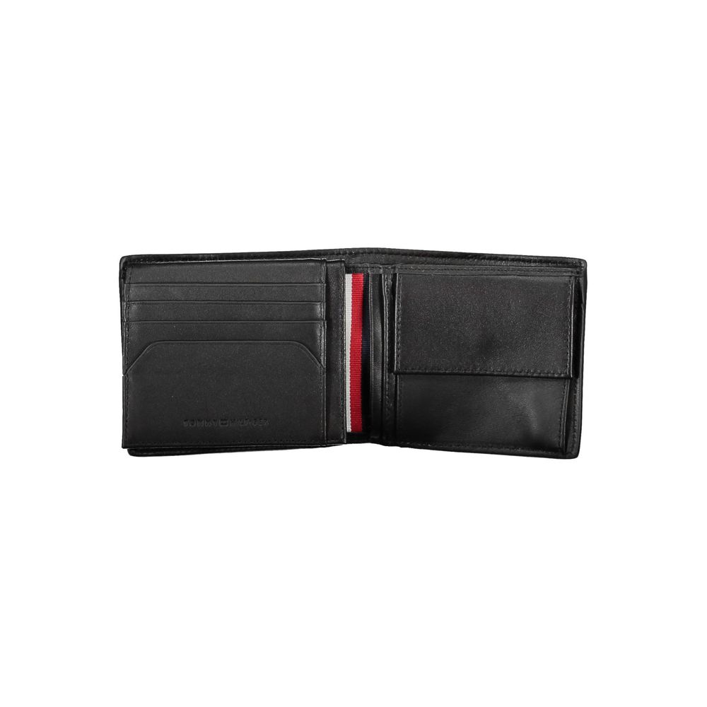 Tommy Hilfiger Black Leather Men Wallet open showing compartments and coin purse, sleek design, contrasting details, signature logo