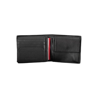 Tommy Hilfiger Black Leather Men Wallet open showing compartments and coin purse, sleek design, contrasting details, signature logo