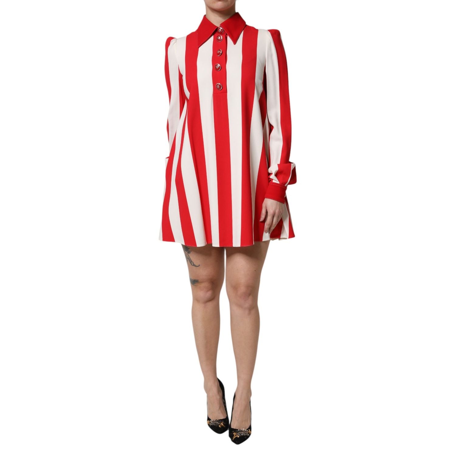 Dolce & Gabbana White Red Stripes Long Sleeves Mini Dress