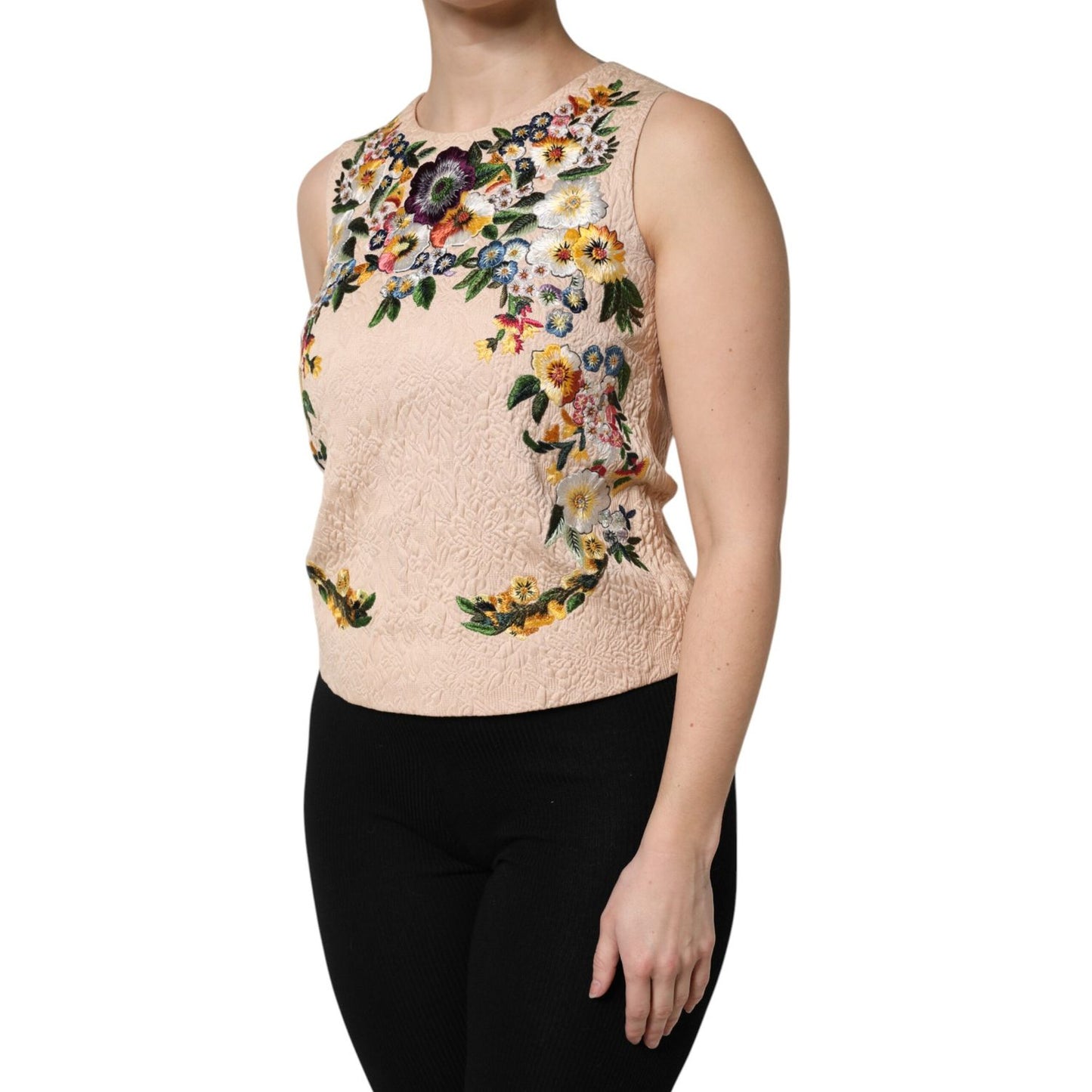 Dolce & Gabbana Beige Floral Embroidery Sleeveless Tank Top