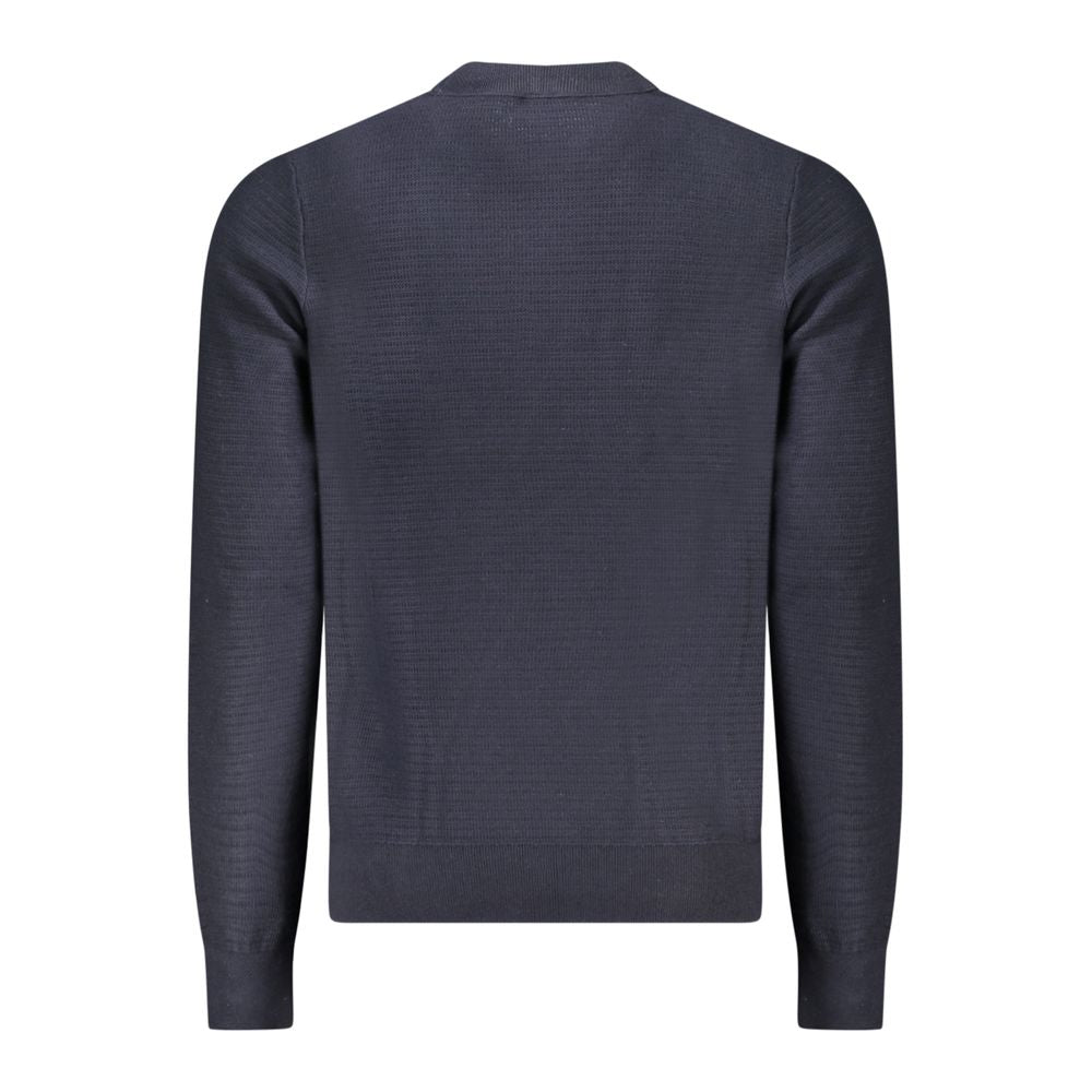 Back view of Hugo Boss Blue Cotton Men Sweater showcasing long sleeves and crew neck design for modern style and comfort.
