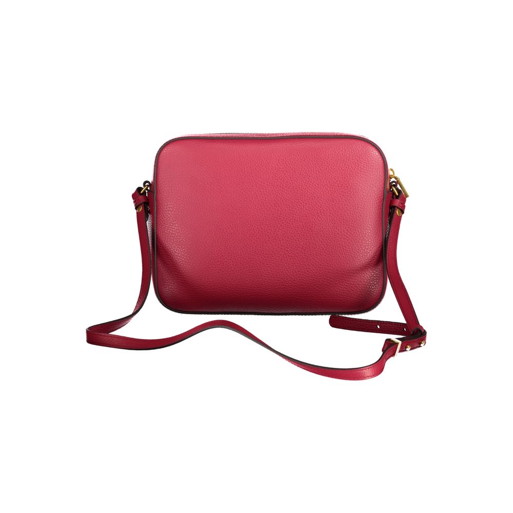 Coccinelle Red Leather Handbag with adjustable shoulder strap, external pocket, internal pocket, zip and rotary closure, and logo detail.