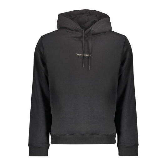 Calvin Klein Black Cotton Men Sweater with iconic logo embroidery, eco-friendly with 20% recycled cotton, stylish long sleeve hoodie design.
