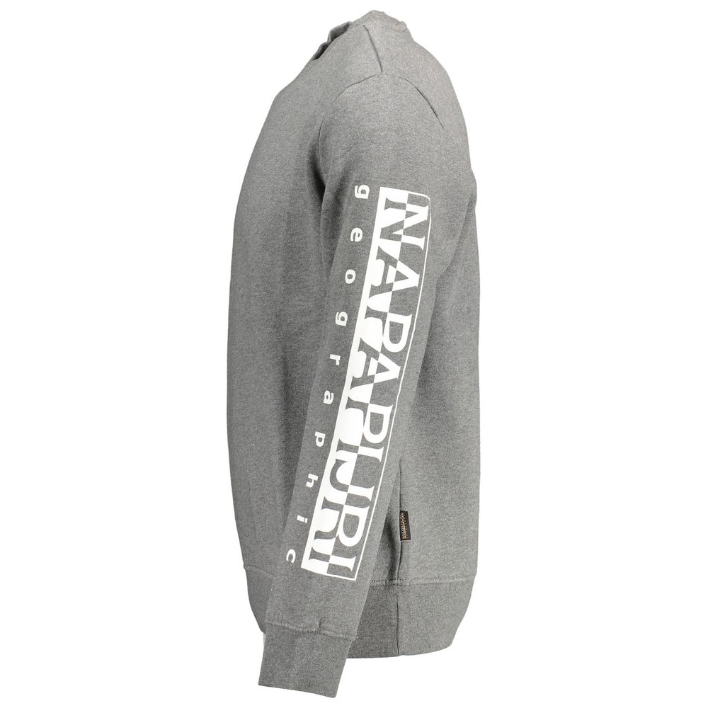 Side view of Napapijri Gray Cotton Men Sweater with logo design on sleeve, highlighting its sleek design and comfortable fit.