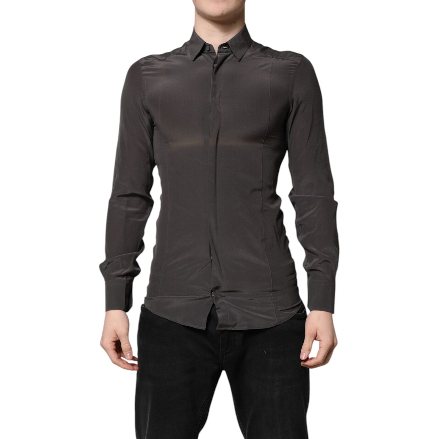 Dolce & Gabbana Dark Gray Silk GOLD Dress Formal Shirt TSH90443-37