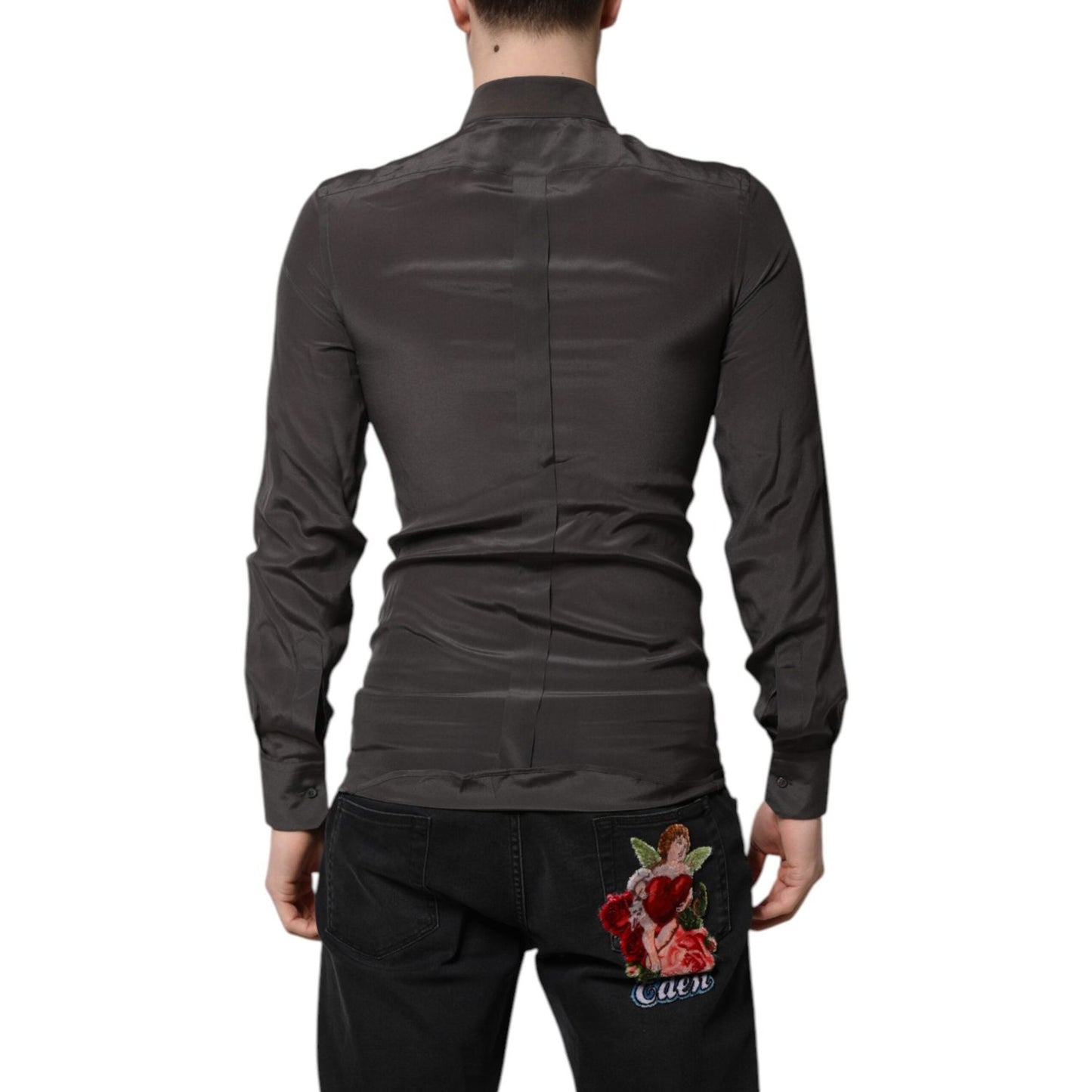 Dolce & Gabbana Dark Gray Silk GOLD Dress Formal Shirt TSH90443-37