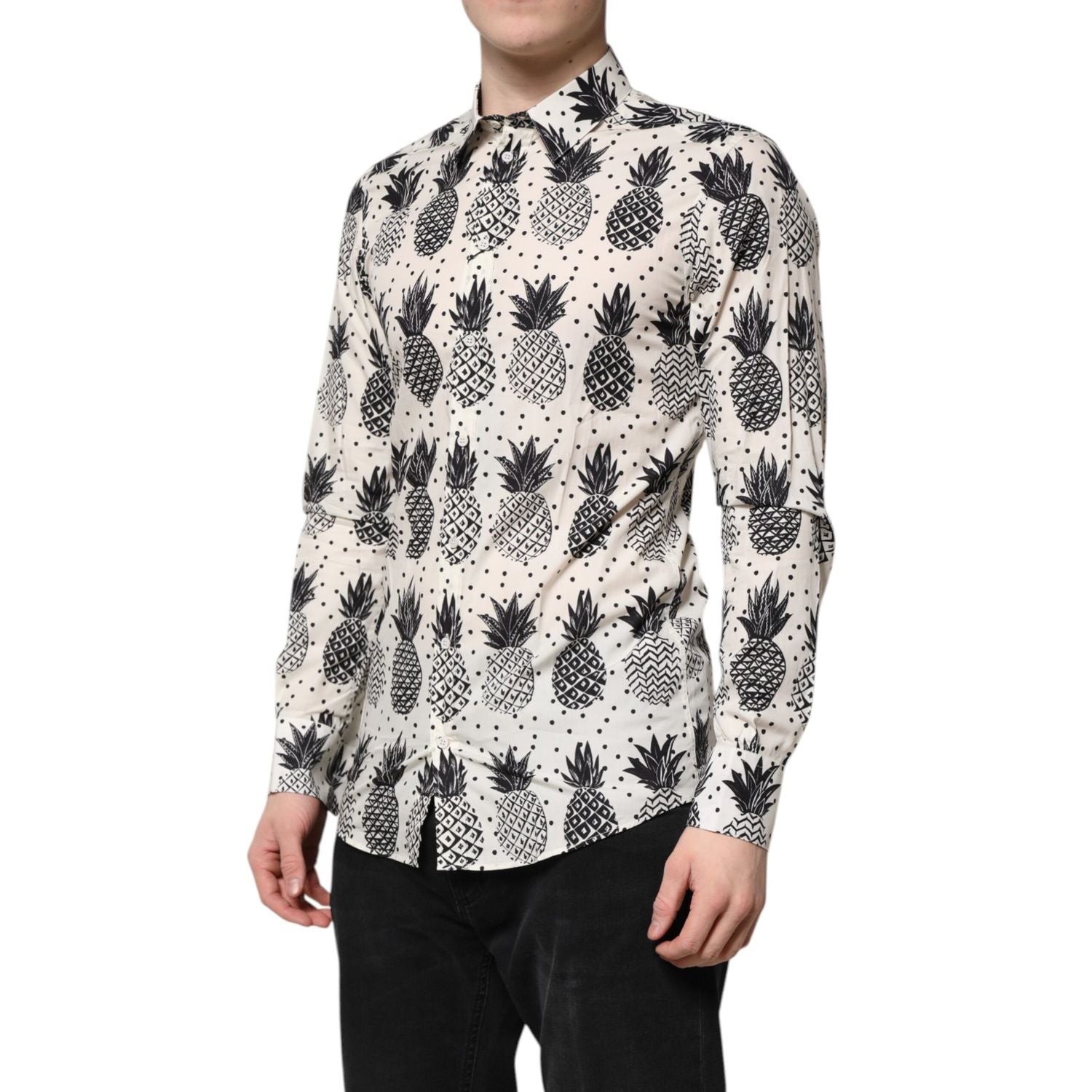 Dolce & Gabbana White Pineapple Print Long Sleeve GOLD Shirt