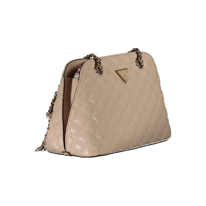 Guess Jeans Beige Polyethylene Handbag with chain handles and external compartments, featuring a quilted design and logo.