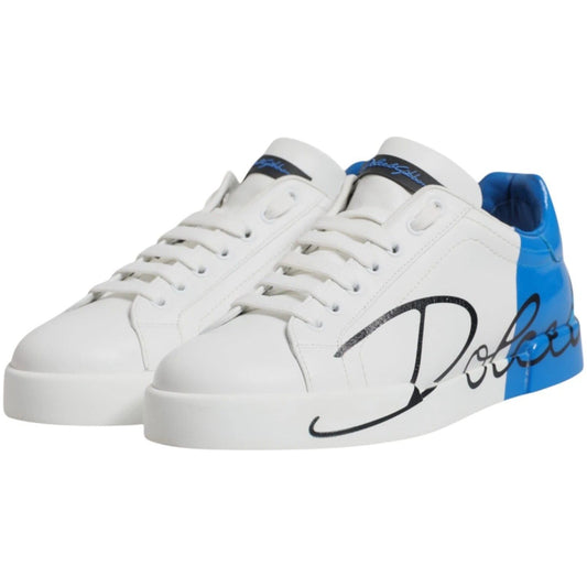 Dolce & Gabbana White Blue Leather Logo Low Top Sneakers Shoes