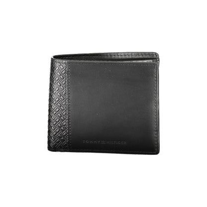 Tommy Hilfiger Black Leather Men Wallet with textured detail and logo, featuring spacious compartments and card slots for style and functionality.
