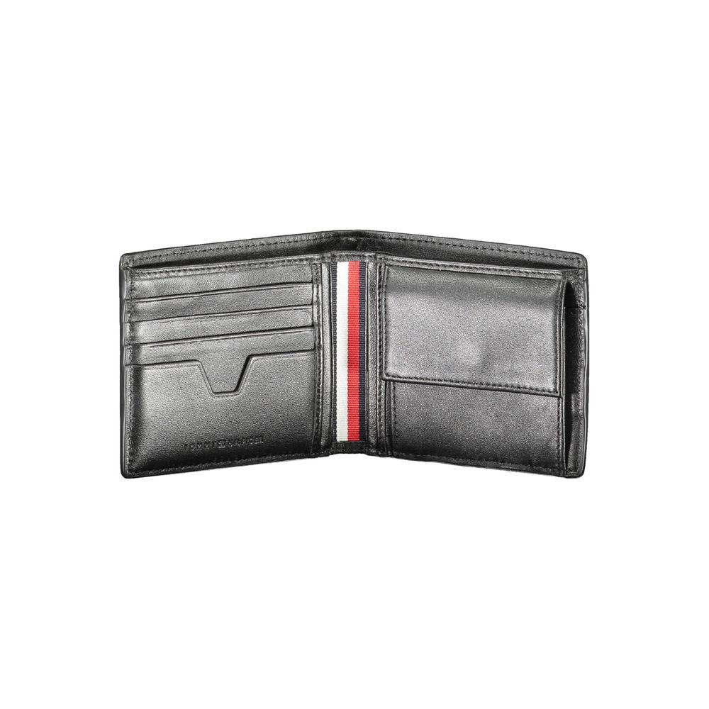 Tommy Hilfiger Black Leather Men Wallet open showing card slots and coin purse