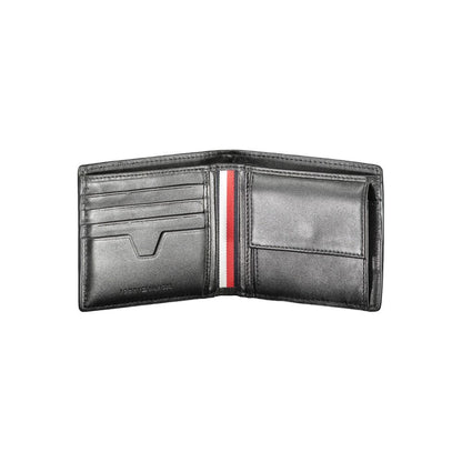 Tommy Hilfiger Black Leather Men Wallet open showing card slots and coin purse