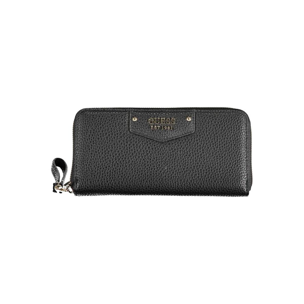 Guess Jeans Black Polyethylene Women Wallet with zip closure, featuring sleek design and multiple compartments for organization.