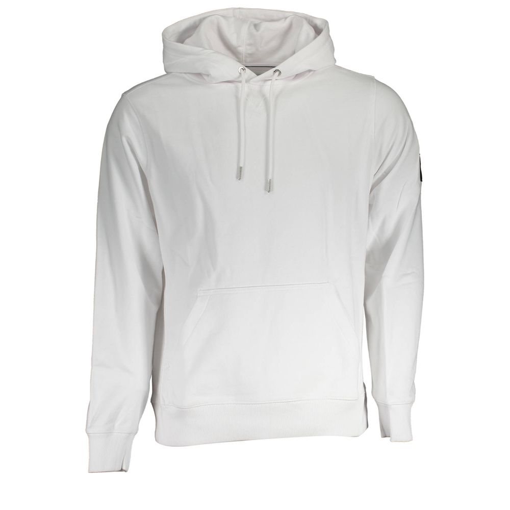 Calvin Klein White Cotton Men's Sweater with hood and front pocket, showcasing iconic logo for urban sophistication and comfort.