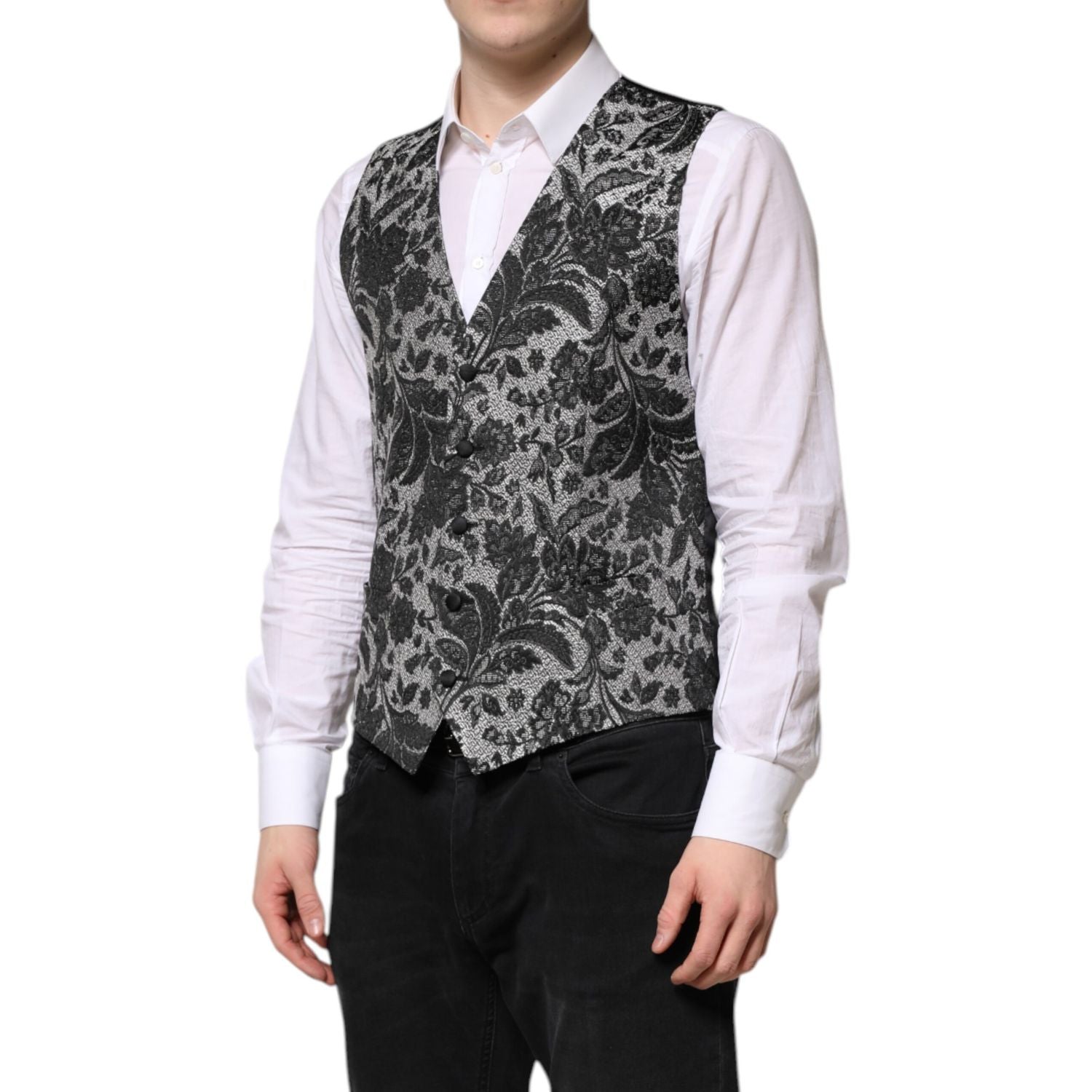 Dolce & Gabbana Black Gray Brocade Formal Men Waistcoat Vest