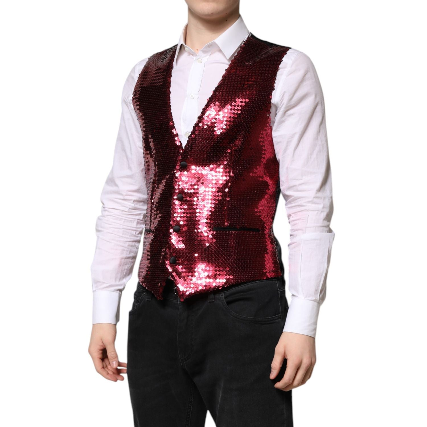 Dolce & Gabbana Red Sequined Dress Formal Men Waistcoat Vest