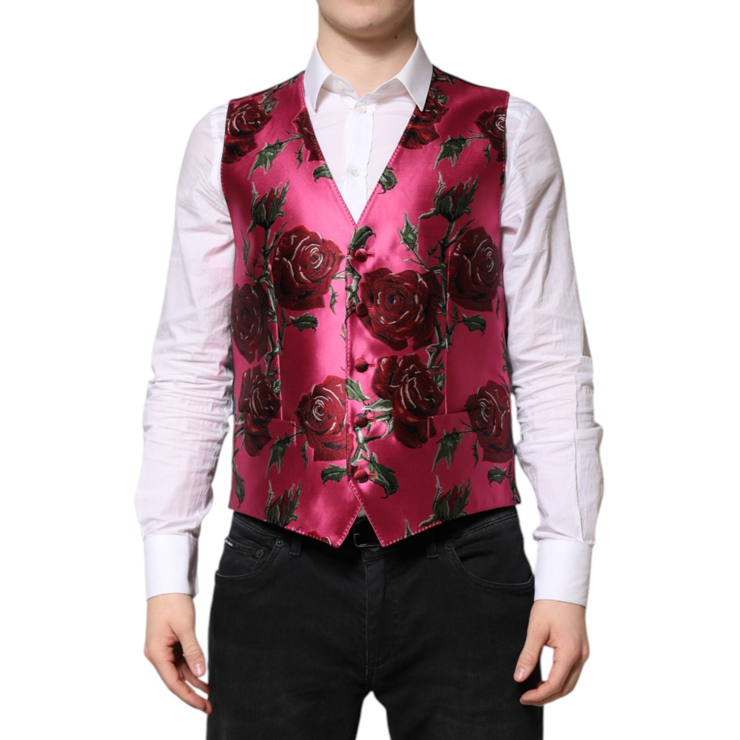 Dolce & Gabbana Pink Floral Satin Formal Men Waistcoat Vest