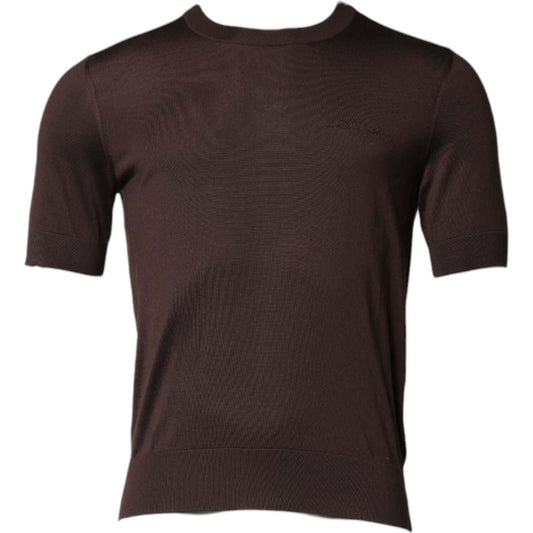 Dolce & Gabbana Brown Silk Logo Embroidery Crew Neck T-shirt TSH90516-48