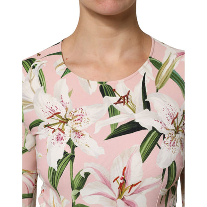 Dolce & Gabbana Pink Lily Print Viscose Round Neck Blouse Top