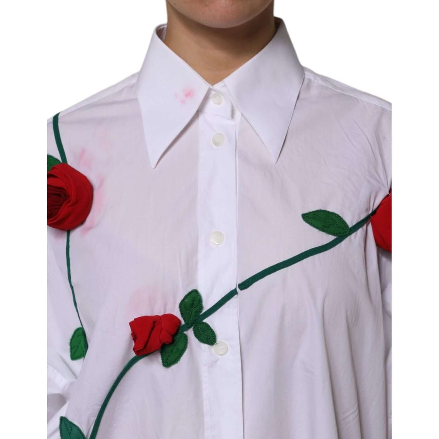 Dolce & Gabbana White Cotton Floral Appliques Dress Shirt Top TSH878627-42