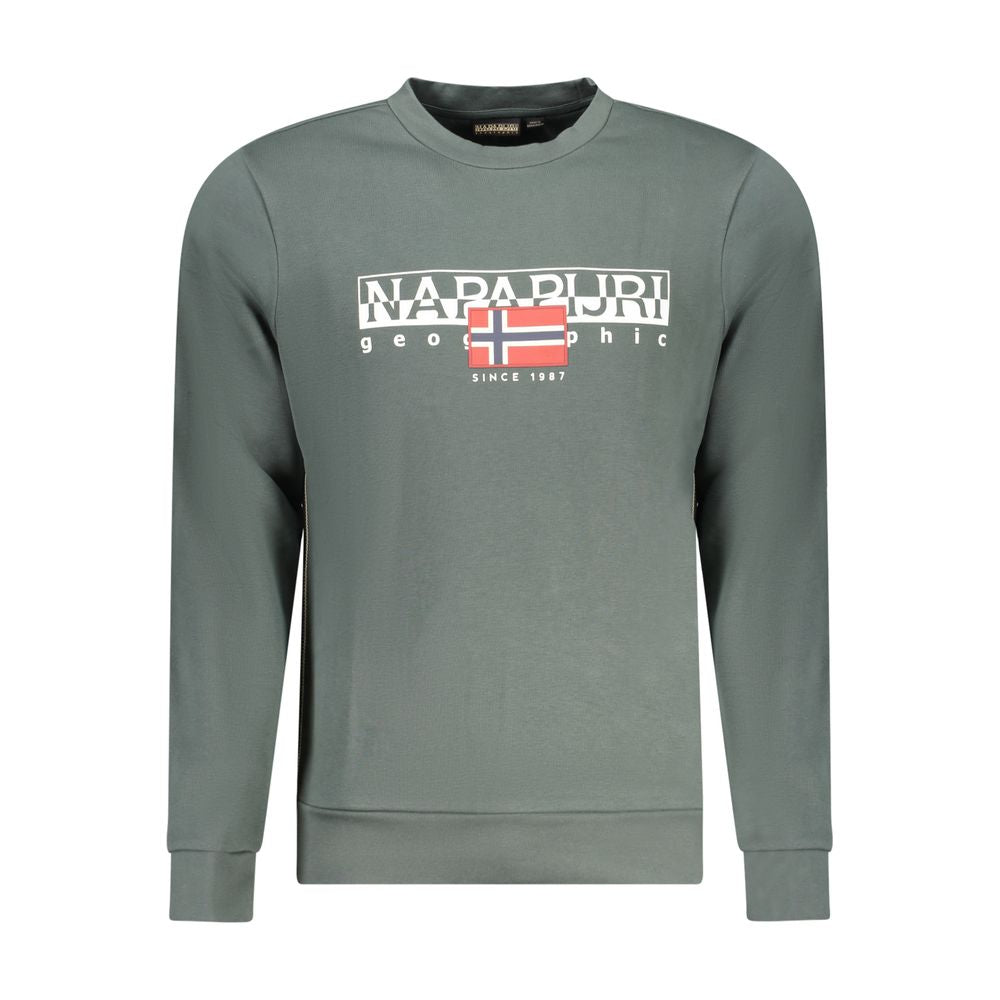 Napapijri Green Cotton Men Sweater with logo and bold branding, crew neck, long sleeves, regular fit, polyester blend.