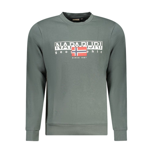Napapijri Green Cotton Men Sweater with logo and bold branding, crew neck, long sleeves, regular fit, polyester blend.